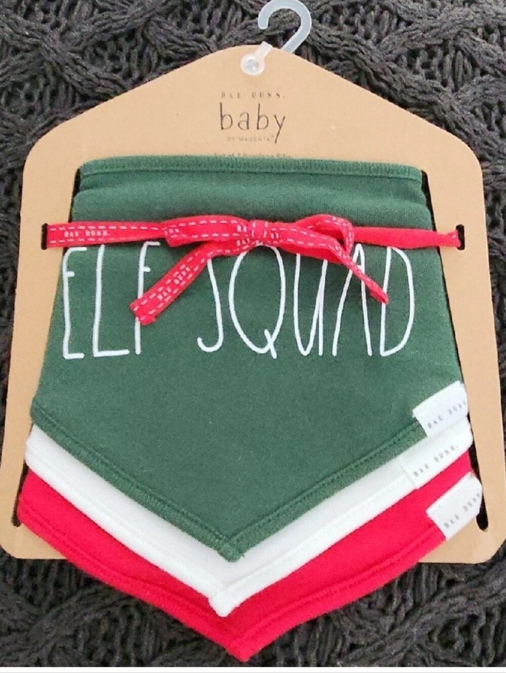 Rae Dunn Christmas Baby Bibs Set of 3 ELF SQUAD, SANTA’S HELPER, JINGLE BELLS